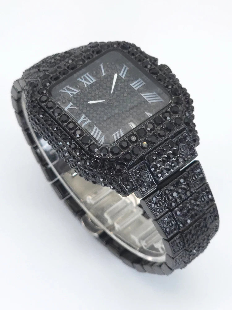 Men's Hip Hop Quartz Watch Fashion Iced out Diamond Men Watch Square Dial Calendar Luminous Feature Wristwatches Gift for Man