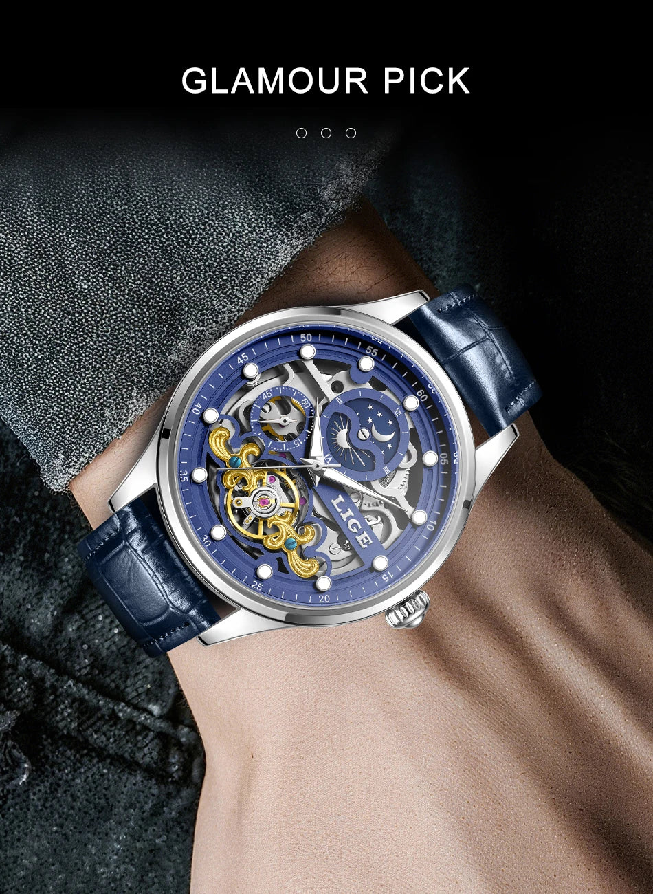 Reloj Hombre Watches Mens LIGE Top Brand Luxury Skeleton Tourbillon Automatic Mechanical Watch for Men Waterproof+Watch Box