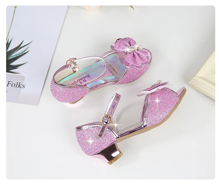 2025 Children Princess Sandals Kids Girls Wedding Shoes High Heels Dress Shoes Bowtie Gold Pink Blue Silver Shoes For Girls