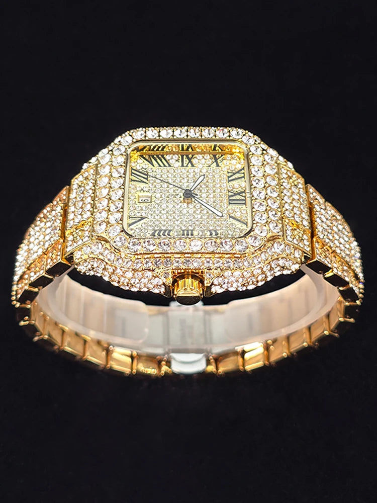 Men's Hip Hop Quartz Watch Fashion Iced out Diamond Men Watch Square Dial Calendar Luminous Feature Wristwatches Gift for Man