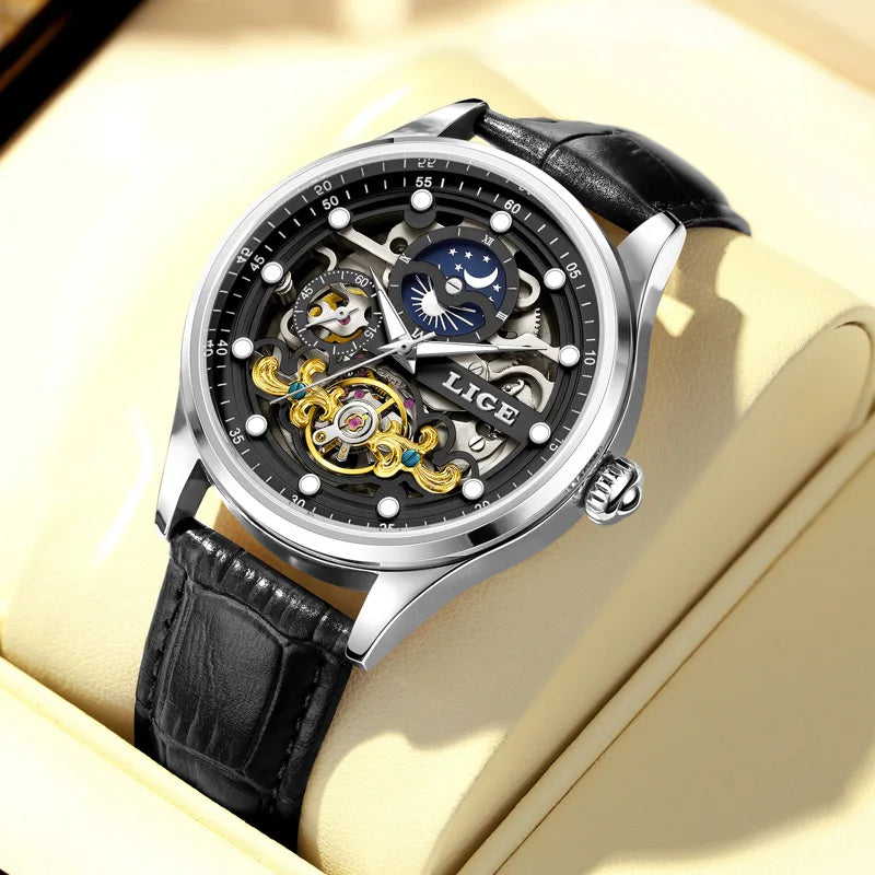 Reloj Hombre Watches Mens LIGE Top Brand Luxury Skeleton Tourbillon Automatic Mechanical Watch for Men Waterproof+Watch Box