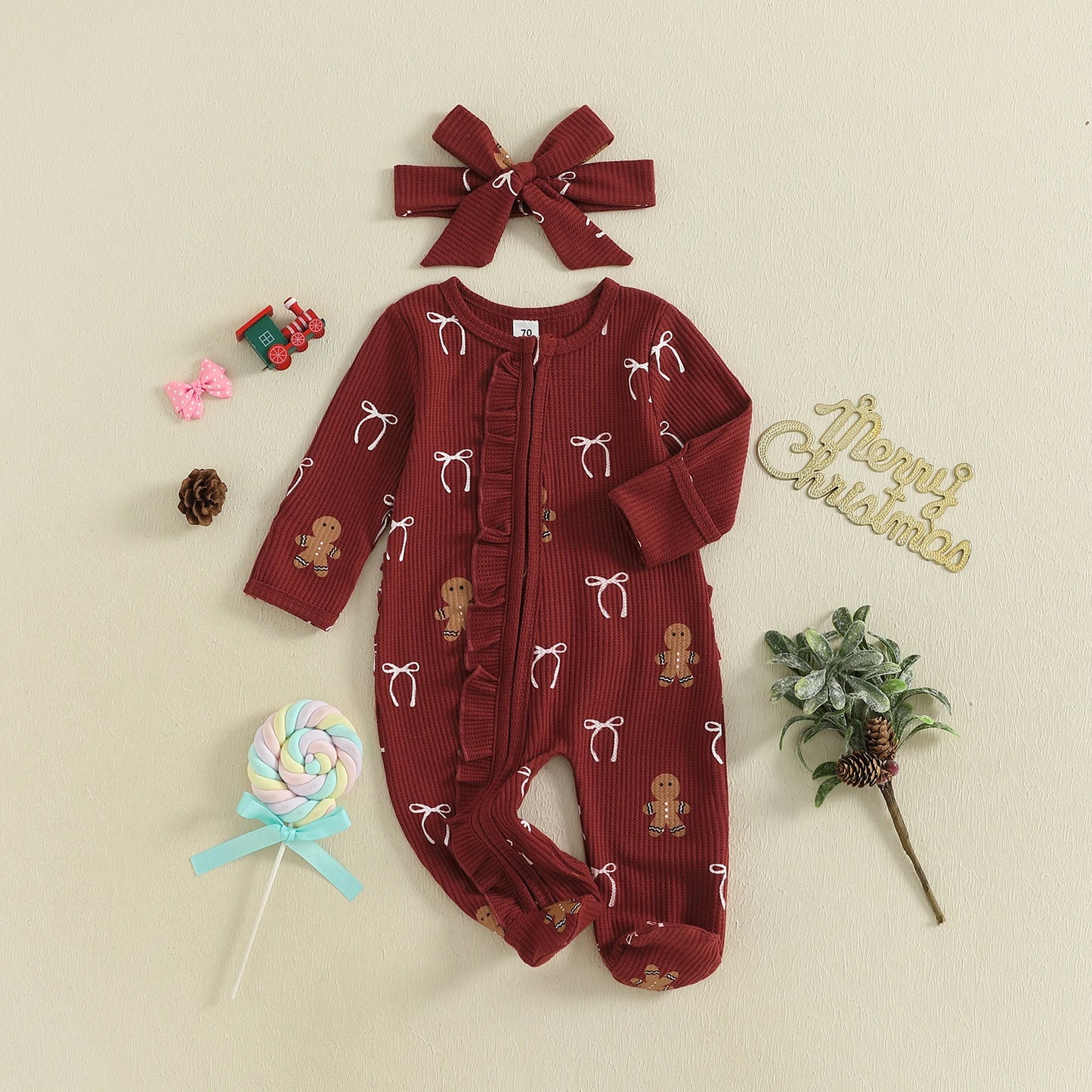 FOCUSNORM 0-18M Lovely Baby Girls Boy Christmas Romper Long Sleeve Candy Cane/Gingerbread Print Oblique Zipper Jumpsuit Headband