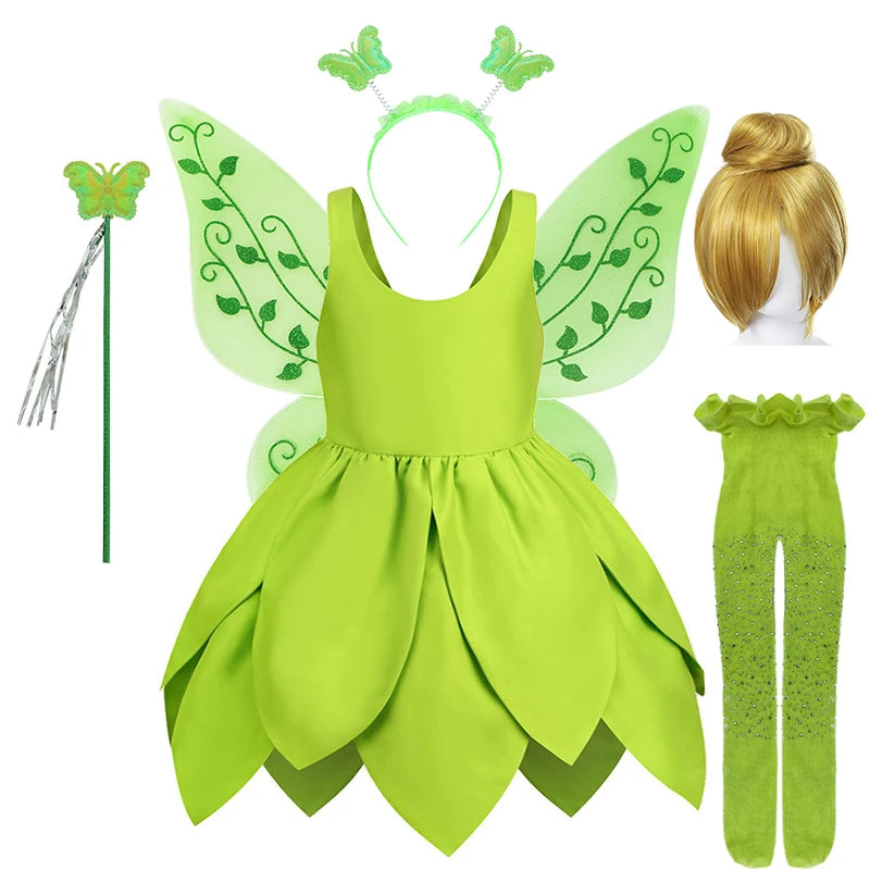 Summer Fancy Girl Green Elf Tinker Bell Backless Dress Christmas Halloween Kids Cosplay Birthday Party Fairy Princess Costumes