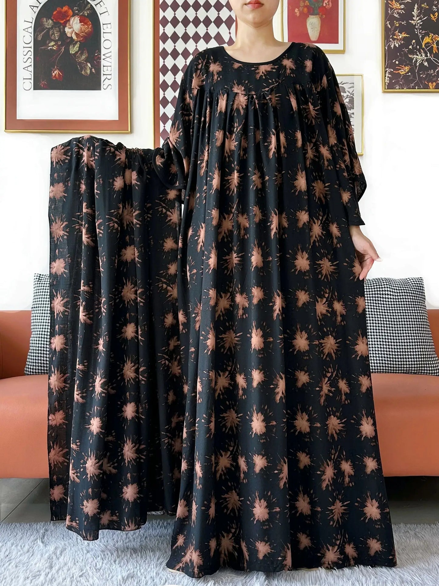 2025 New Loose Floral Dress Short Sleeve Cotton Women Abaya with Big Scarf Boho Maxi Dress Casual Fashion Dress African Vestidos