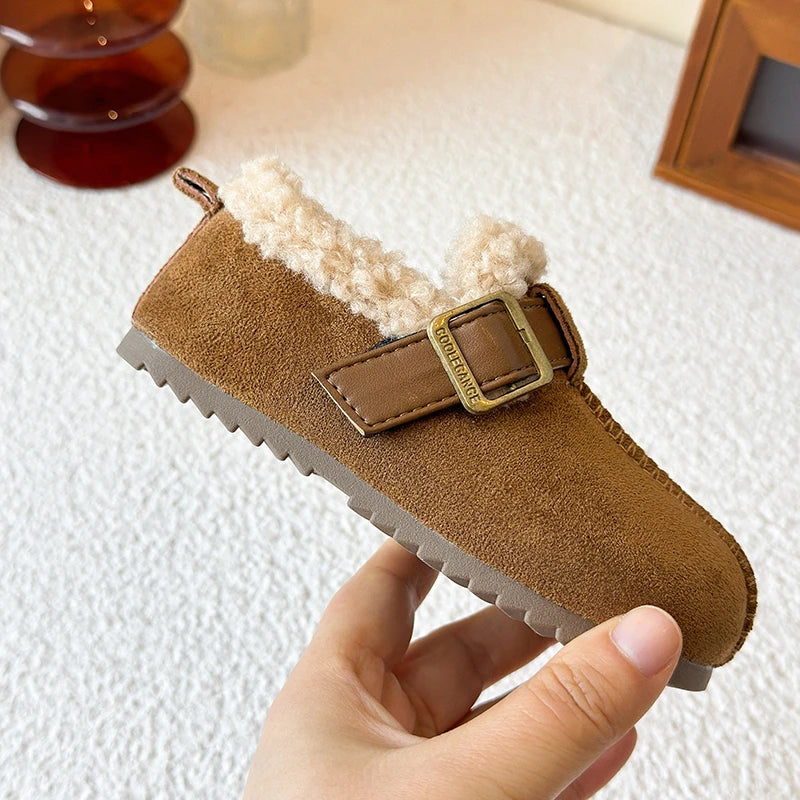 025 Winter New Children's Cotton Shoes for Girls; Soft Bottom One-piece Fur Warm Leather Shoes
