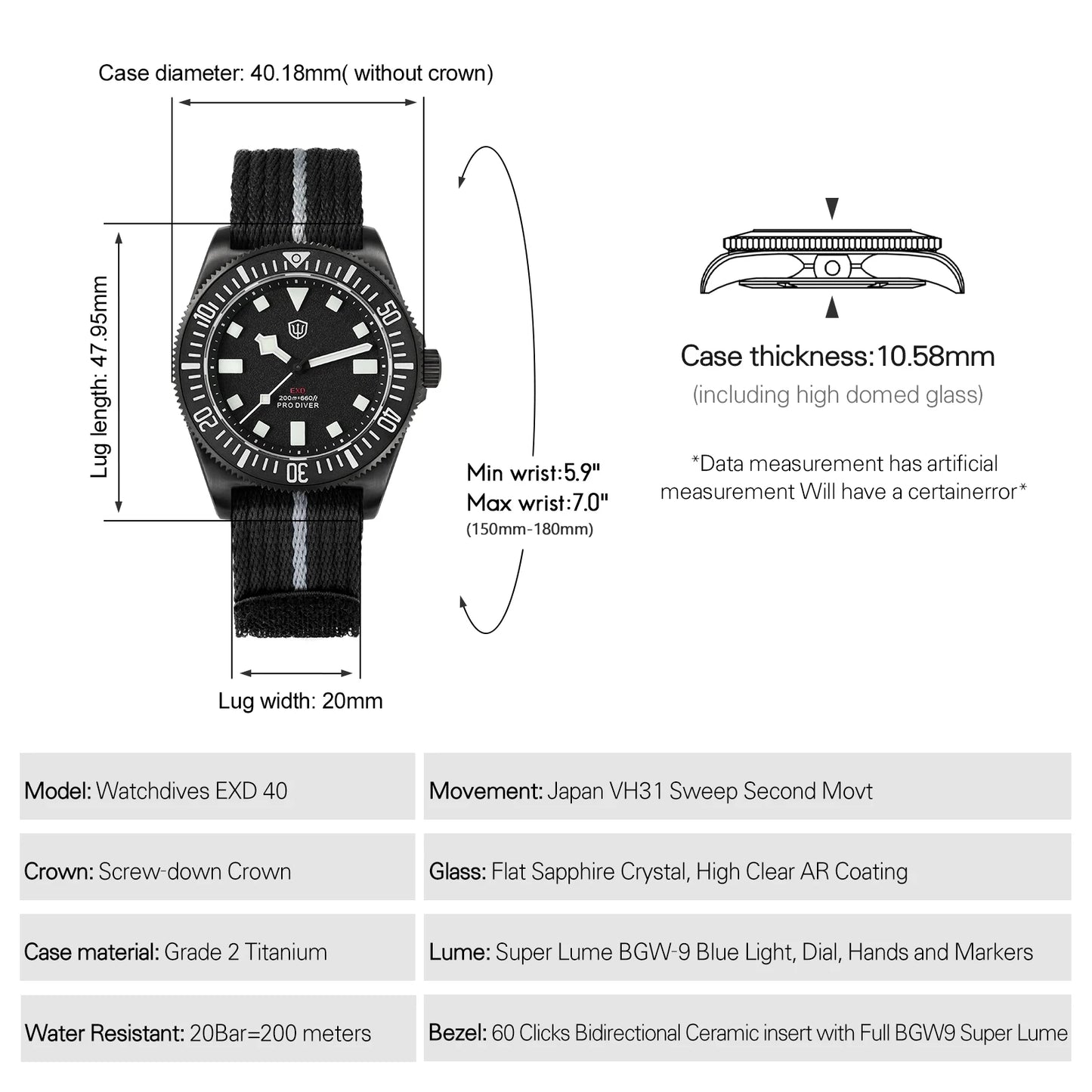 Watchdives EXD 40mm Titanium Dive Watch VH31 Sweep Second Movt Sapphire BGW9 Lume 200M WR Ceramic Bezel Interchangeable Strap