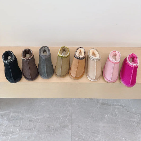 Children Genuine Cow Leather Snow Boots Baby Candy Color Warm Cotton Shoes Girls Fashion Slip-in Princess Short Boots