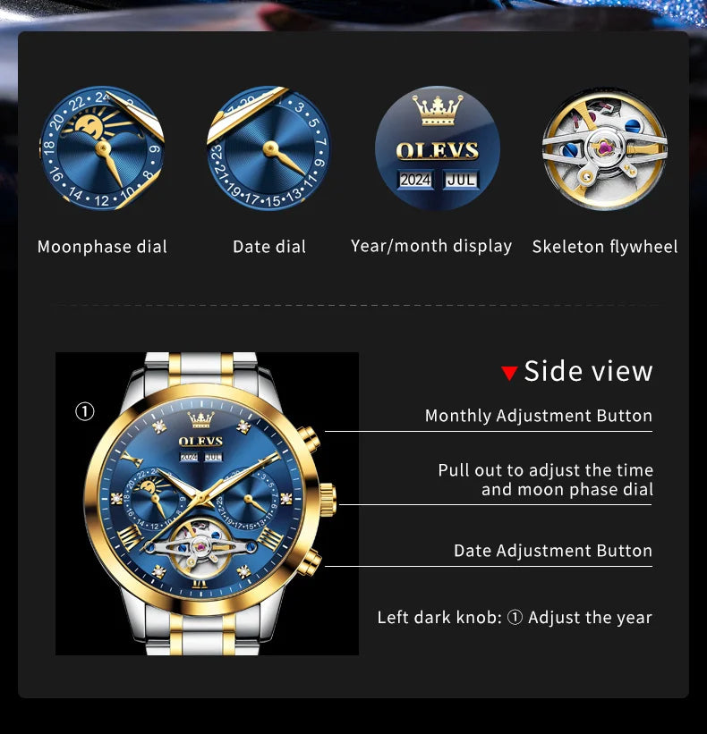 OLEVS 7029 Luxury Man Watch Stainless Steel Hollow Flywheel Moon Phase Exclusive Mechanical Movement Automatic Men's Watches New