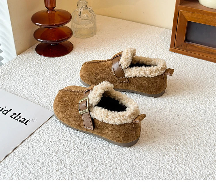 025 Winter New Children's Cotton Shoes for Girls; Soft Bottom One-piece Fur Warm Leather Shoes