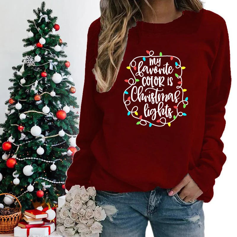 Funny My Favourite Color Is Christmas Lights Print Sweatshirt For Women Crew Neck Long Sleeves Pullover Christmas Sweatshirts