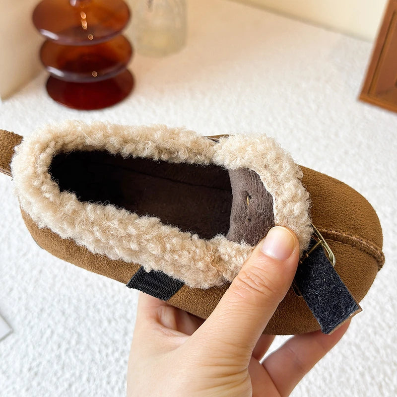 025 Winter New Children's Cotton Shoes for Girls; Soft Bottom One-piece Fur Warm Leather Shoes