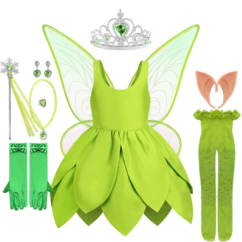 Summer Fancy Girl Green Elf Tinker Bell Backless Dress Christmas Halloween Kids Cosplay Birthday Party Fairy Princess Costumes