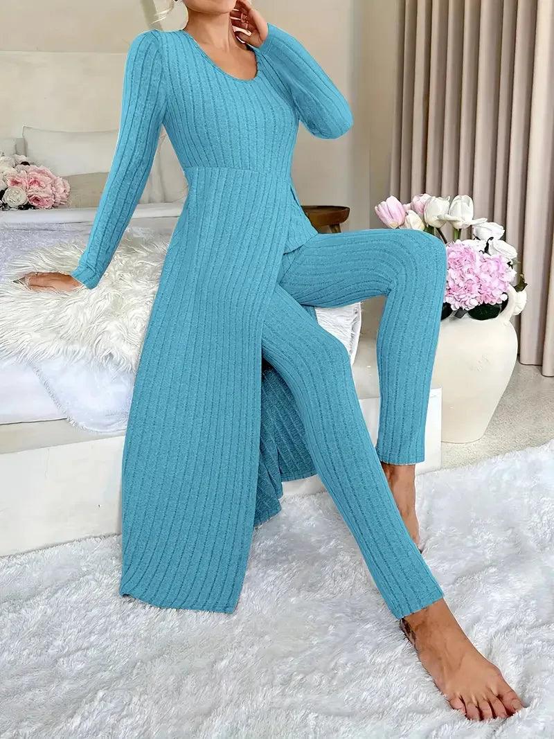 2025 Autumn Winter Home Casual Women's Suit Fashionable Solid Color Round Collar Super Long Slit Top Slim Trousers Two-piece Set