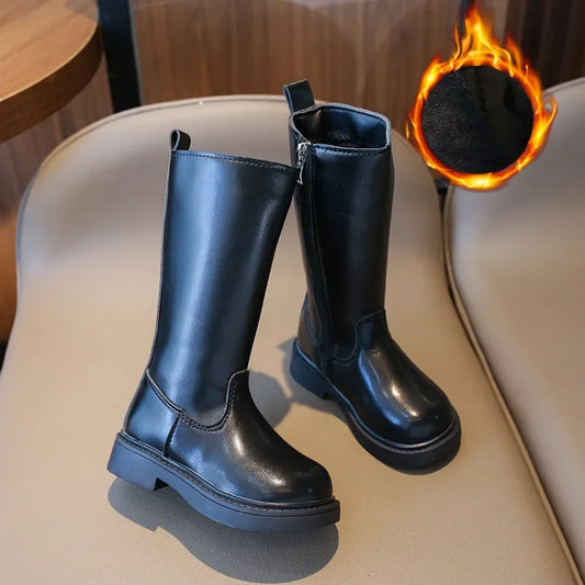 Autumn Winter Princess Long Tube Boots for Children Girls Shoes Cold-proof All-Black Uniform Shoes Kids Cozy Party Shoes G11075