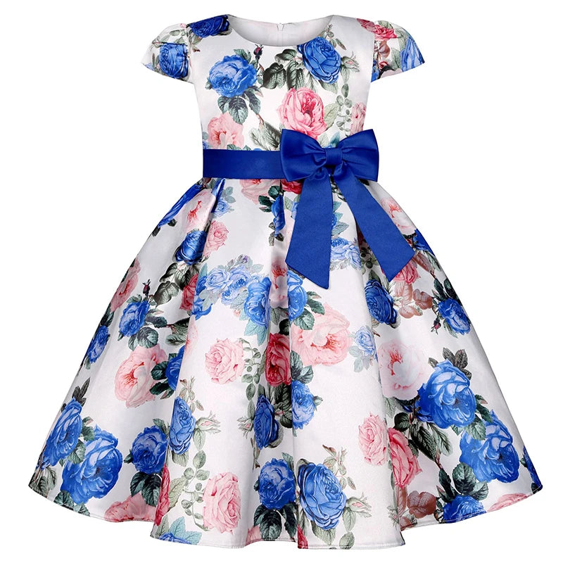 Seven Colours Flowers Girls Dress Summer Big Bow Fashion Christmas Princess Dress Birthday Party Gift 2-10 Years Kids Clothes