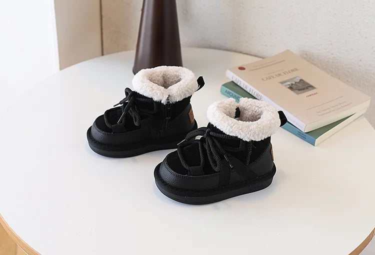 2025 New Winter Children Snow Boots Leather Warm Plush Soft Sole Toddler Boys Shoes Non-slip Fashion Girls Boots EU 21-30