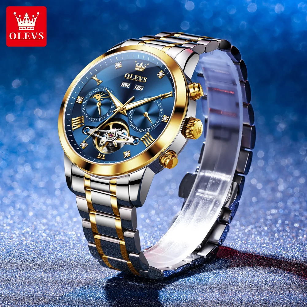 OLEVS 7029 Luxury Man Watch Stainless Steel Hollow Flywheel Moon Phase Exclusive Mechanical Movement Automatic Men's Watches New