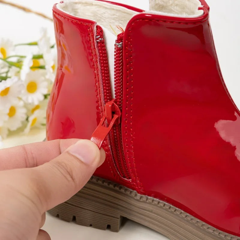 Children's Ankle Boots Winter New Girls Fashion Platform Boots Glossy PU Warm Kids Causal Cotton Boots Sweet Bowknot Versatile