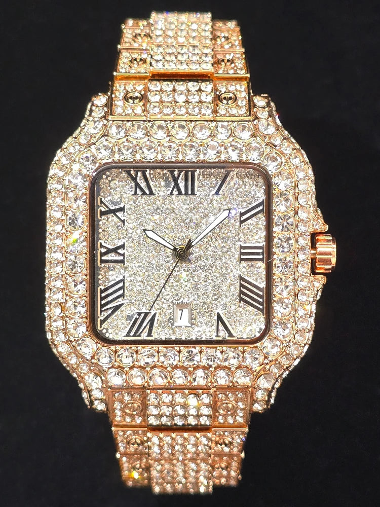 Men's Hip Hop Quartz Watch Fashion Iced out Diamond Men Watch Square Dial Calendar Luminous Feature Wristwatches Gift for Man