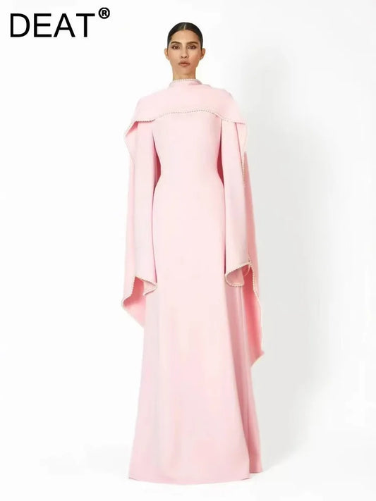 DEAT 2025 Autumn Winter Shawl Style Dress High-end Heavy Beading Bell Long Sleeve Cape Gown Long Dress