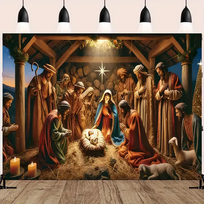 Nativity Scene Starry Night Tapestry Wall Hanging Religious Manger Scene Tapestries Traditional Christmas Birthday Wall Decor