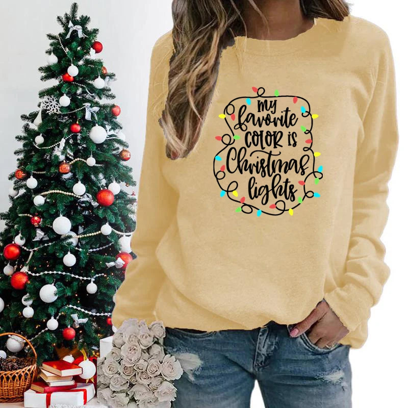 Funny My Favourite Color Is Christmas Lights Print Sweatshirt For Women Crew Neck Long Sleeves Pullover Christmas Sweatshirts