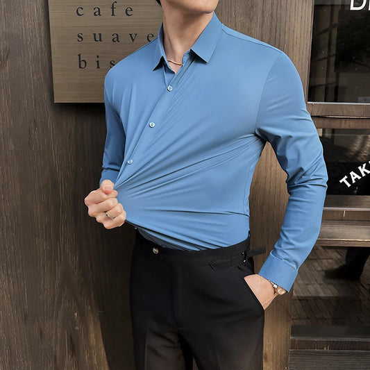 High elasticity Men Long sleeved Shirt 2024 Summer Anti-wrinkle Soft Thin Solid Casual Slim Fit Formal Dress Shirt Men Clothing