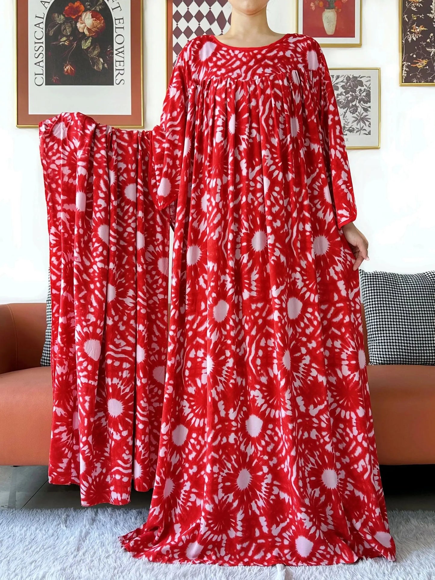 2025 New Loose Floral Dress Short Sleeve Cotton Women Abaya with Big Scarf Boho Maxi Dress Casual Fashion Dress African Vestidos