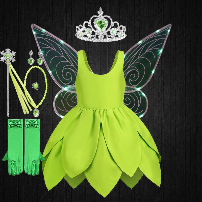 Summer Fancy Girl Green Elf Tinker Bell Backless Dress Christmas Halloween Kids Cosplay Birthday Party Fairy Princess Costumes
