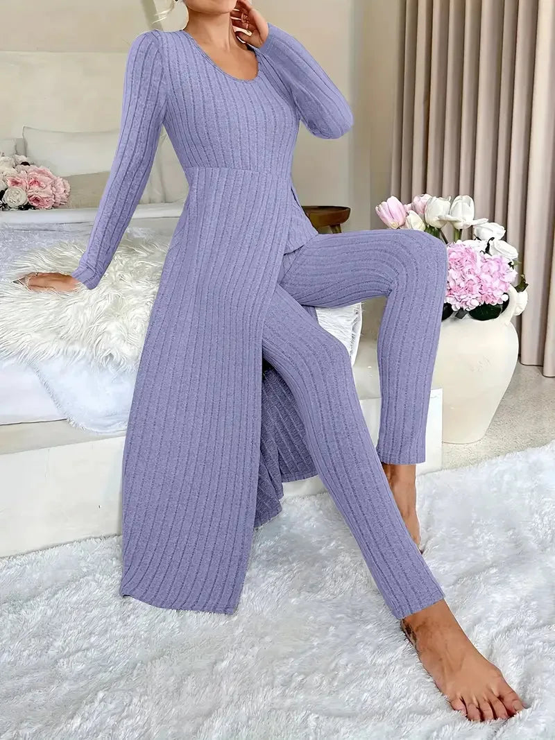 2025 Autumn Winter Home Casual Women's Suit Fashionable Solid Color Round Collar Super Long Slit Top Slim Trousers Two-piece Set