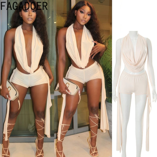 FAGADOER Sexy Hollow Out 2 Piece Sets Woman Outfit Halter Backless Collar Crop Top + Tassels Shorts Matching 2025 Summer New