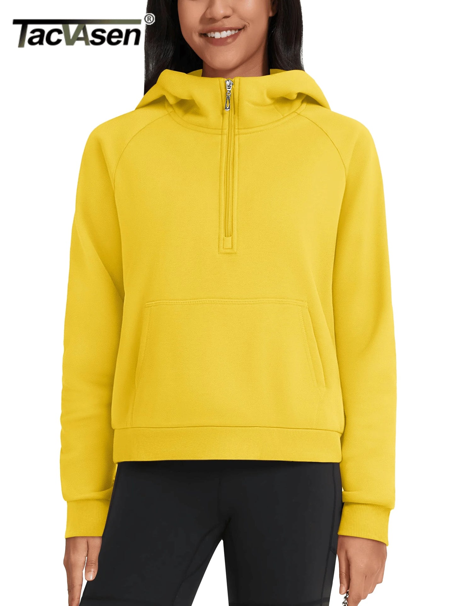 TACVASEN Winter Half Zip Hooded Cotton Pullover Womens Fleece Lined Warm Sweatshirt Thermal Lightweight Outdoor Casual Crop Tops