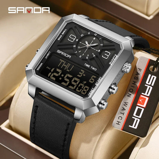 SANDA New Square Business Sports Dual Display Men's Quartz Watch Waterproof LED Analog Digital Countdown Electronic Male Watches