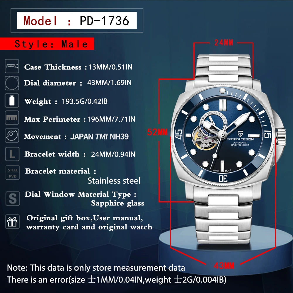 PAGANI DESIGN 2024 New Men's Watches Luxury Mechanical Automatic Watch For Men Sapphire Mirror Sports Waterproof Stainless Steel