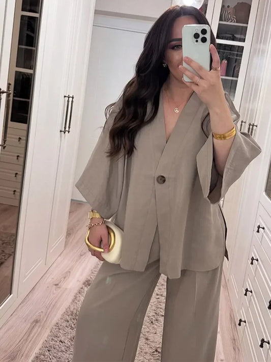 Casual V-Neck Top & Pants Two-Piece Set Cotton Linen Outfits Women Loose One Button Half Sleeves Spring Summer Solid Soft Set