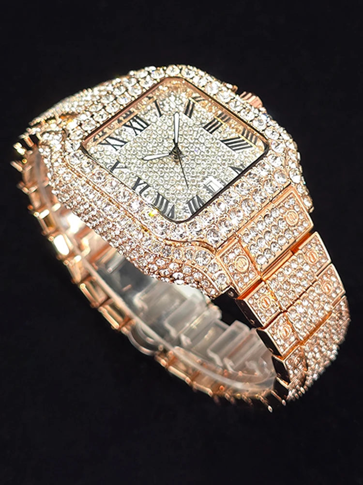 Men's Hip Hop Quartz Watch Fashion Iced out Diamond Men Watch Square Dial Calendar Luminous Feature Wristwatches Gift for Man