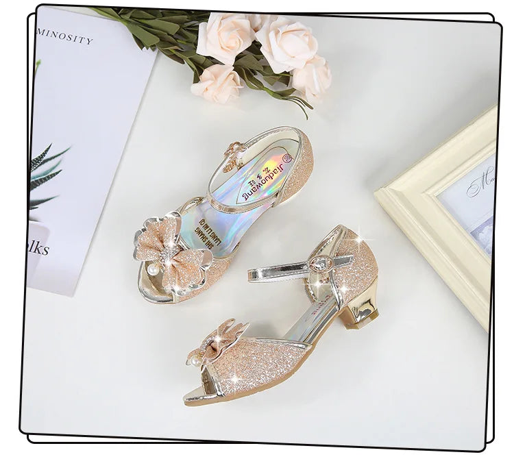 2025 Children Princess Sandals Kids Girls Wedding Shoes High Heels Dress Shoes Bowtie Gold Pink Blue Silver Shoes For Girls