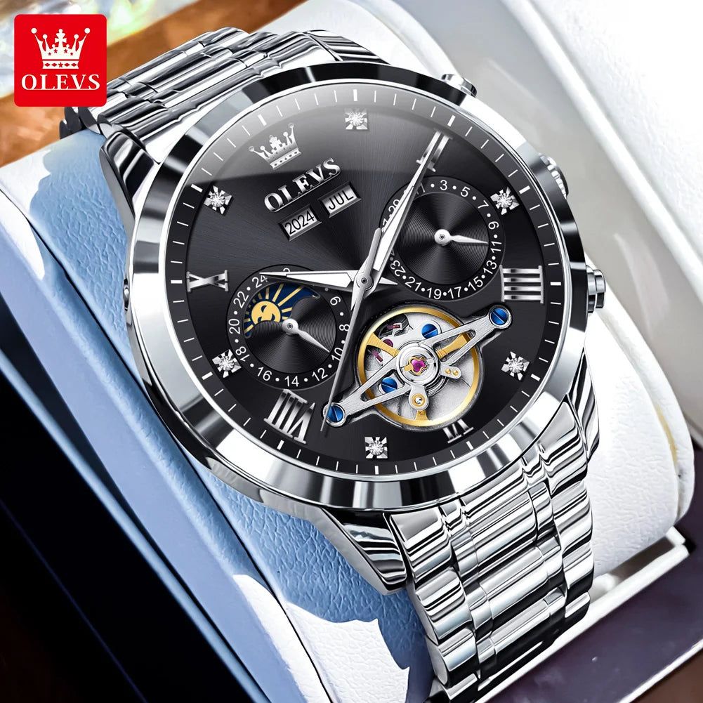 OLEVS 7029 Luxury Man Watch Stainless Steel Hollow Flywheel Moon Phase Exclusive Mechanical Movement Automatic Men's Watches New