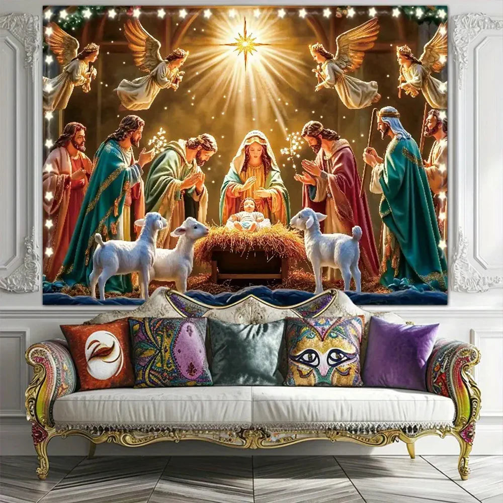 Nativity Scene Starry Night Tapestry Wall Hanging Religious Manger Scene Tapestries Traditional Christmas Birthday Wall Decor