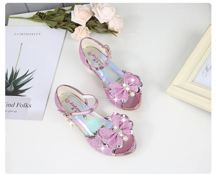 2025 Children Princess Sandals Kids Girls Wedding Shoes High Heels Dress Shoes Bowtie Gold Pink Blue Silver Shoes For Girls