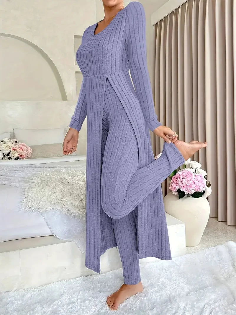 2025 Autumn Winter Home Casual Women's Suit Fashionable Solid Color Round Collar Super Long Slit Top Slim Trousers Two-piece Set