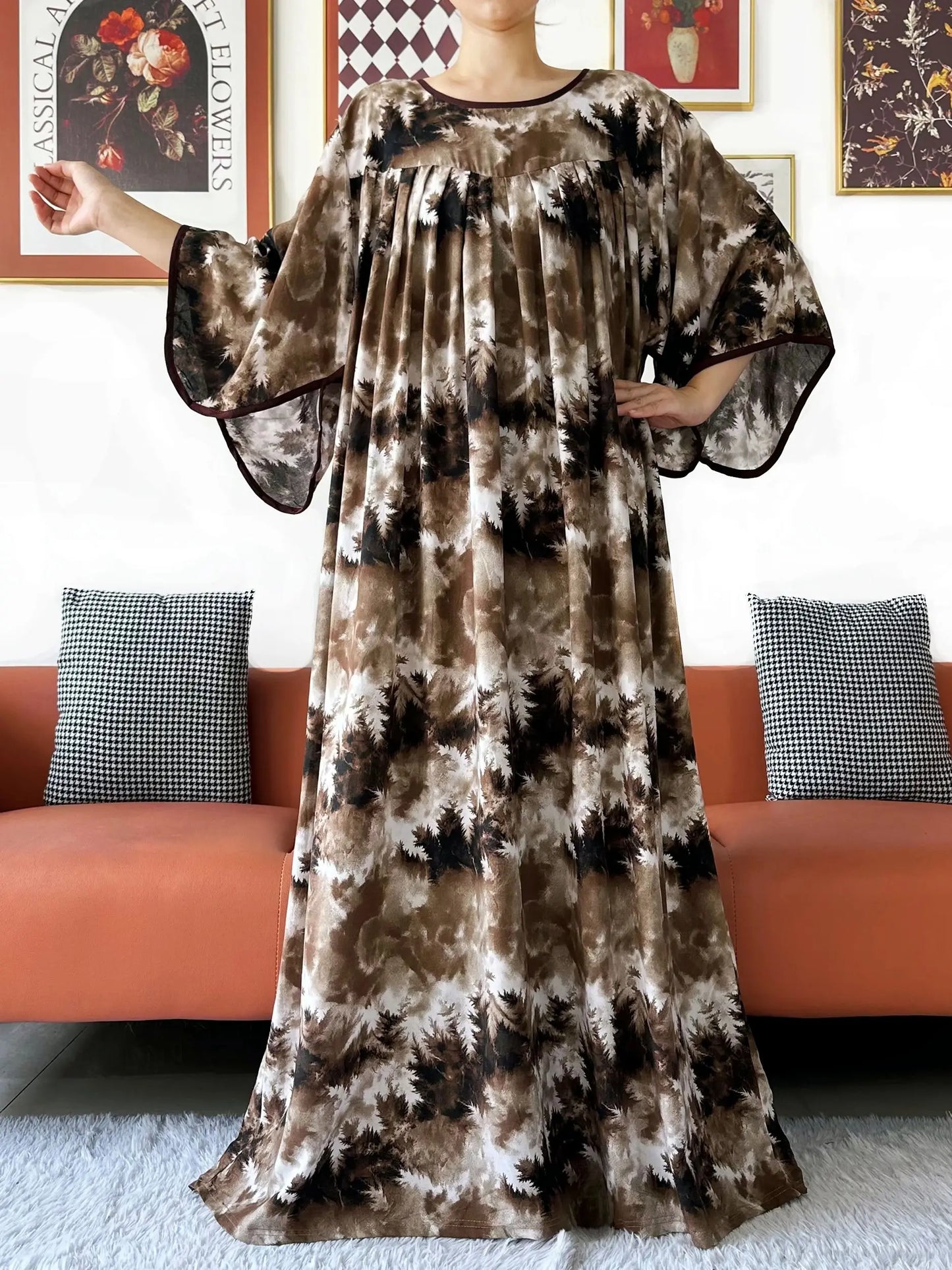 2025 New Loose Floral Dress Short Sleeve Cotton Women Abaya with Big Scarf Boho Maxi Dress Casual Fashion Dress African Vestidos