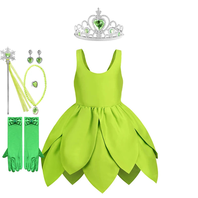Summer Fancy Girl Green Elf Tinker Bell Backless Dress Christmas Halloween Kids Cosplay Birthday Party Fairy Princess Costumes