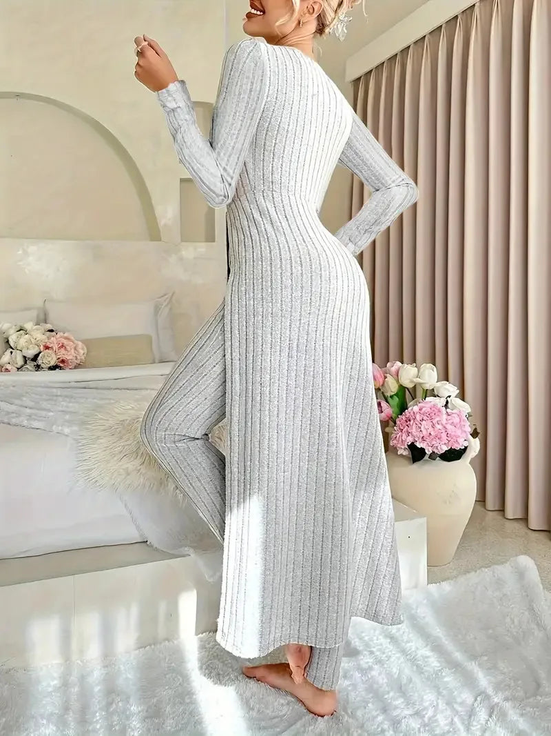 2025 Autumn Winter Home Casual Women's Suit Fashionable Solid Color Round Collar Super Long Slit Top Slim Trousers Two-piece Set