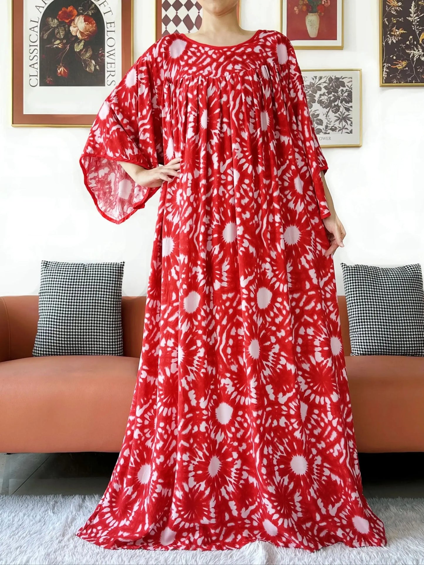 2025 New Loose Floral Dress Short Sleeve Cotton Women Abaya with Big Scarf Boho Maxi Dress Casual Fashion Dress African Vestidos