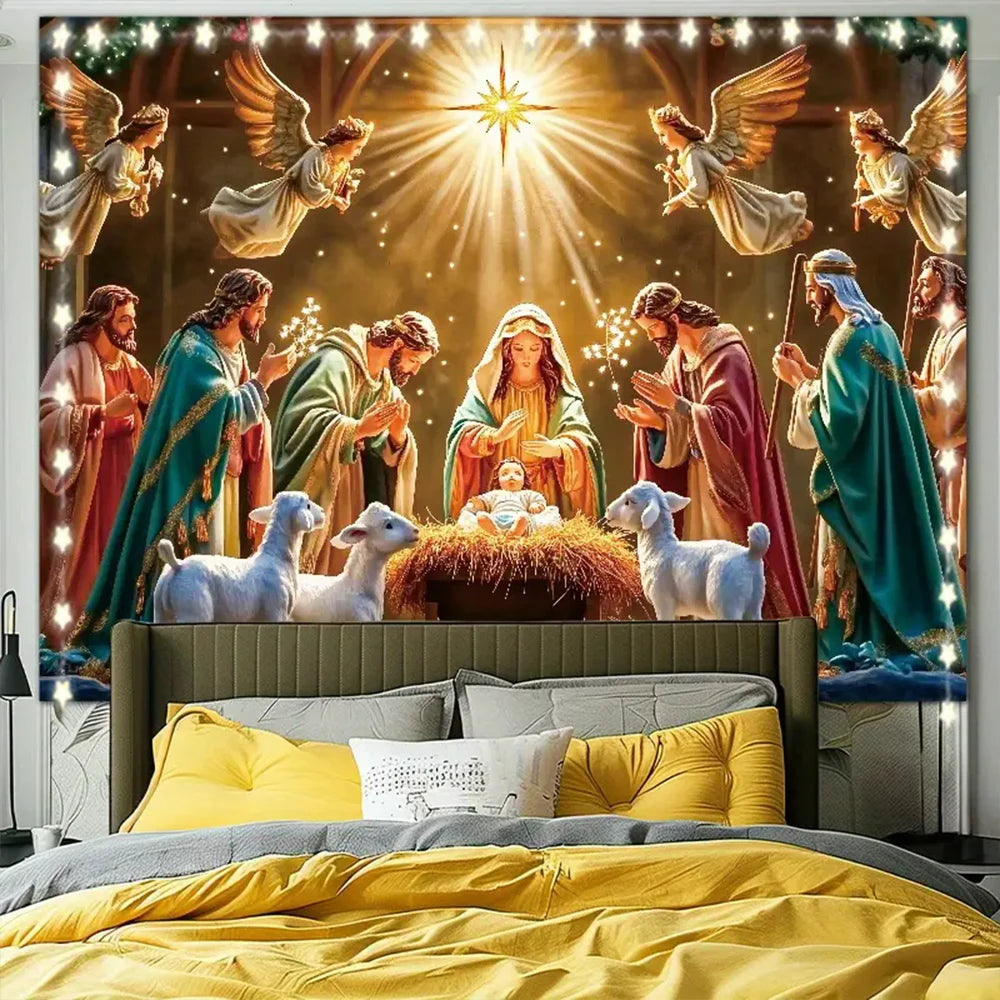 Nativity Scene Starry Night Tapestry Wall Hanging Religious Manger Scene Tapestries Traditional Christmas Birthday Wall Decor