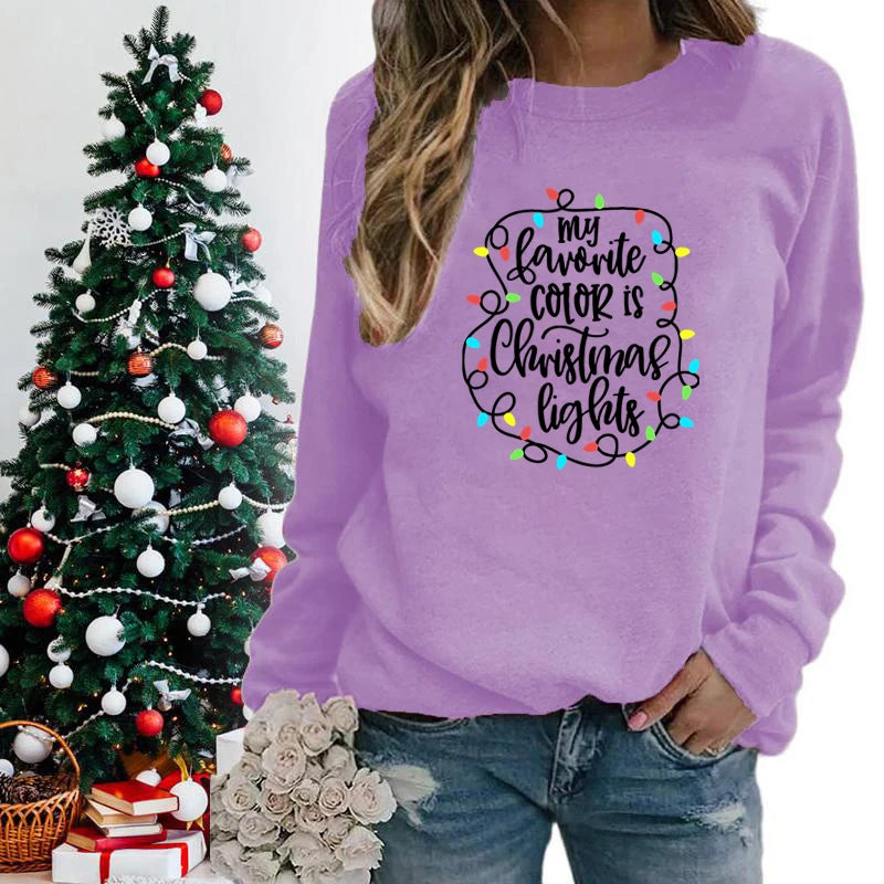 Funny My Favourite Color Is Christmas Lights Print Sweatshirt For Women Crew Neck Long Sleeves Pullover Christmas Sweatshirts