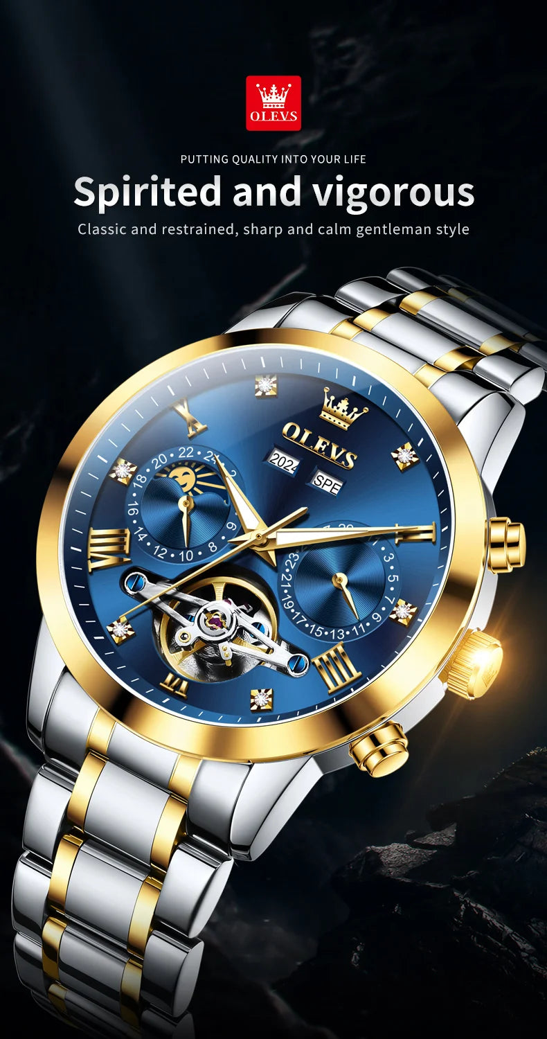OLEVS 7029 Luxury Man Watch Stainless Steel Hollow Flywheel Moon Phase Exclusive Mechanical Movement Automatic Men's Watches New