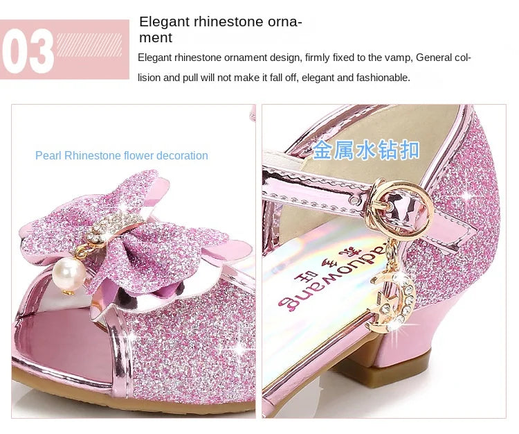 2025 Children Princess Sandals Kids Girls Wedding Shoes High Heels Dress Shoes Bowtie Gold Pink Blue Silver Shoes For Girls