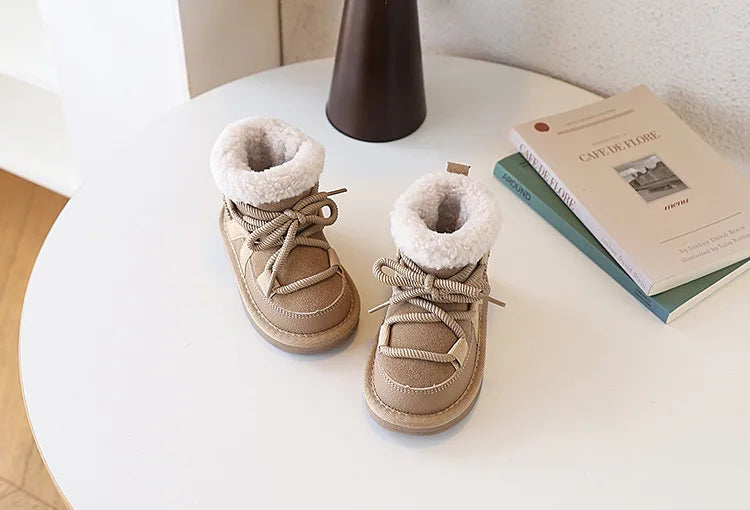 2025 New Winter Children Snow Boots Leather Warm Plush Soft Sole Toddler Boys Shoes Non-slip Fashion Girls Boots EU 21-30